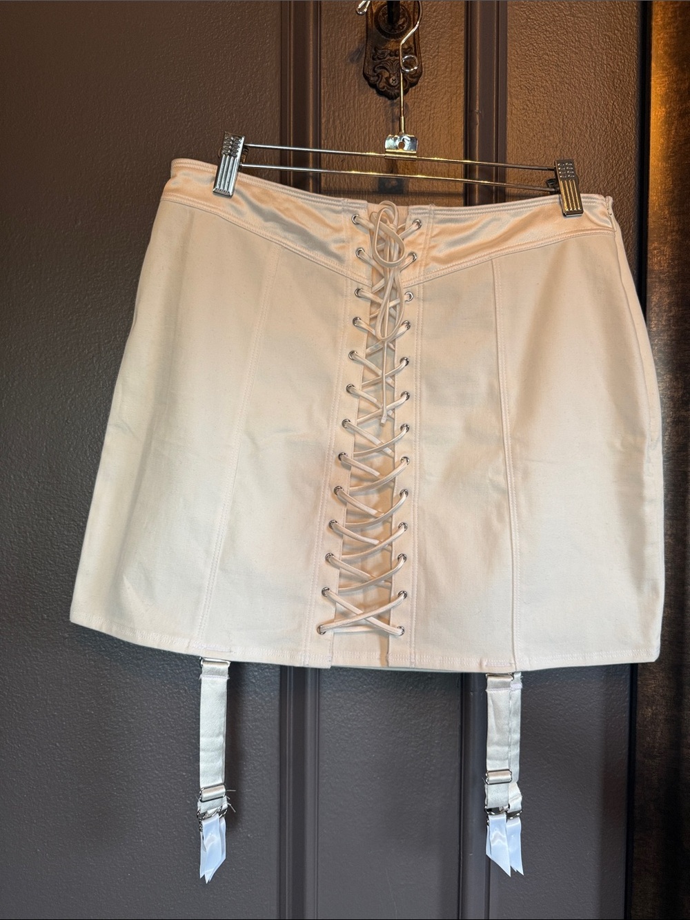 Victoria's Secret Cream Lace-Up Mini Skirt with Garter Straps